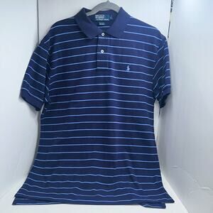 POLO by RALPH LAUREN MENS LARGE  COTTON Short Sleeved NAVY BLUE w/ STRIPES  EUC